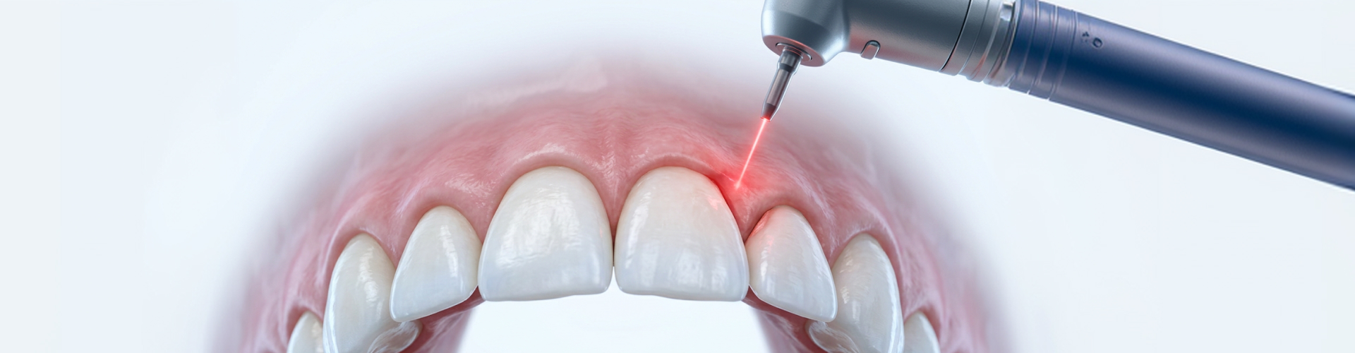 Close-up of a dental laser being used for gum contouring around the front teeth.